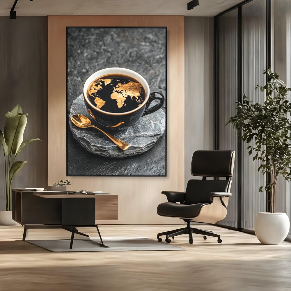 Tablou canvas cu tablou canvas cu ceasca de cafea si harta lumii, in rama de aluminiu negru, pe perete intr-un birou